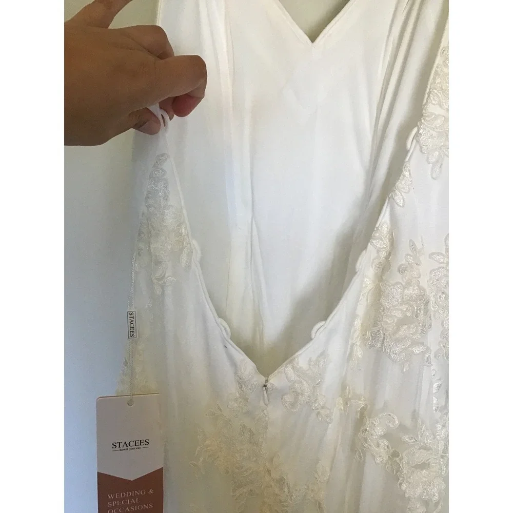 Stacees Women's Ivory Floral Lace Open Back Spaghetti Strap Bridal Dress NWT